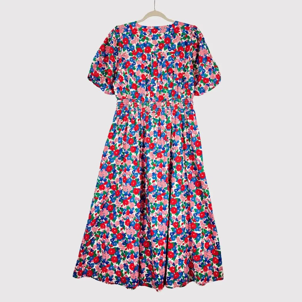 NEW Boden Midi Dress Pink Lillian Cotton Floral V Neck Puff Sleeve Boho US 10